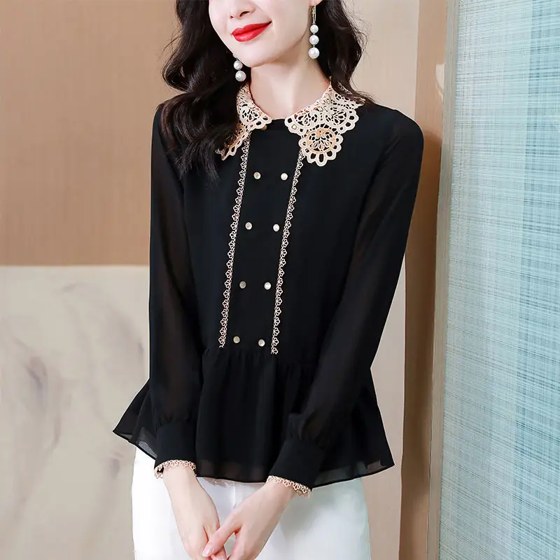 Elegant Lace Spliced Turn-down Collar Shirt Spring Autumn New Long Sleeve Female Clothing Fashion Solid Color Button Slim Blouse