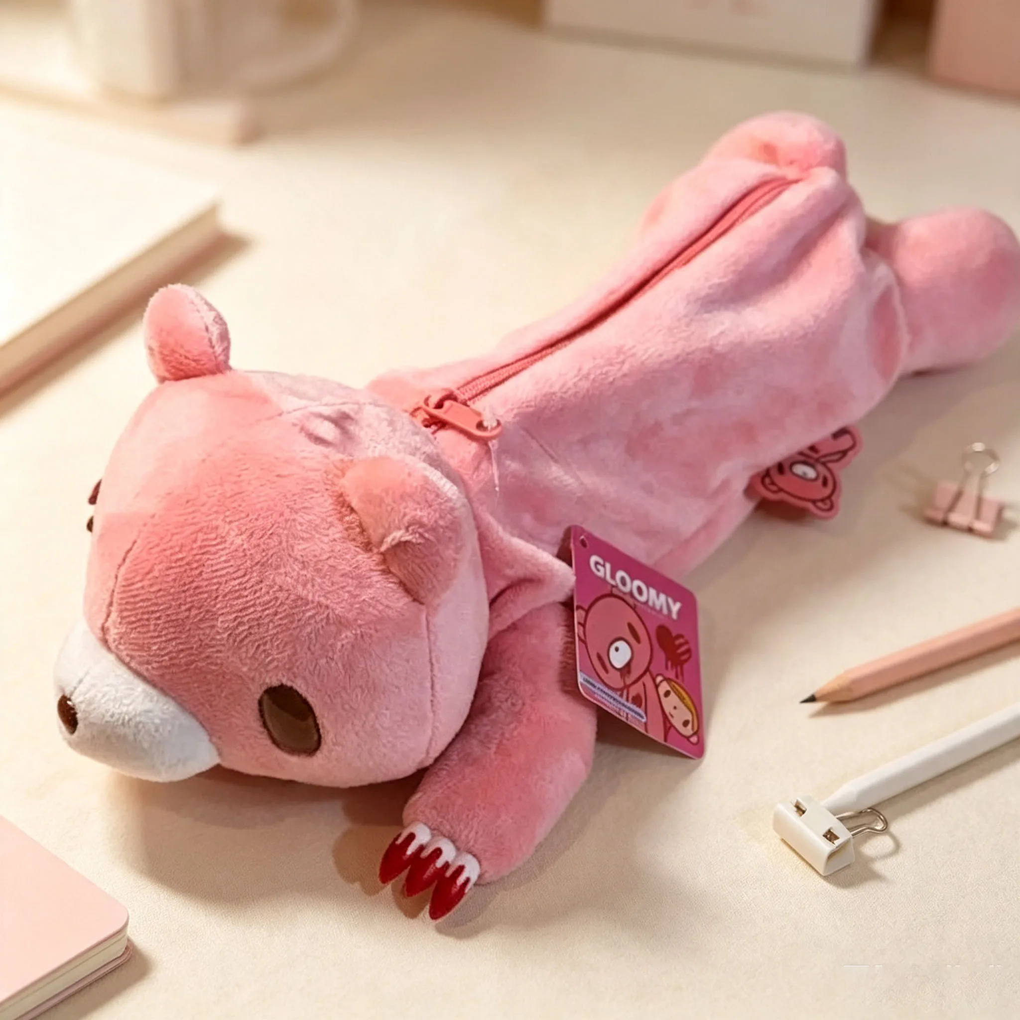 Kawaii Bloody Bear Pencil Case Pink Bear Crochet Makeup Bag Aesthetic Stationery Bag Zipper Storage Pouch School Supplies