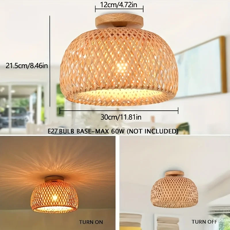 Handcrafted Bamboo & Rattan Ceiling Light - E27 Base, 30cm Diameter - Perfect for Living Room Bedroom Dining Area Hallway Porch