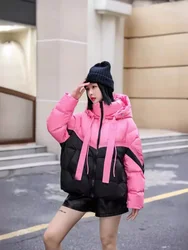 Short Down Jacket for Women, 90White Duck Down, Thickened Warm Fashion, Leisure Hooded Jacket, Patchwork Color Puffer Jacket