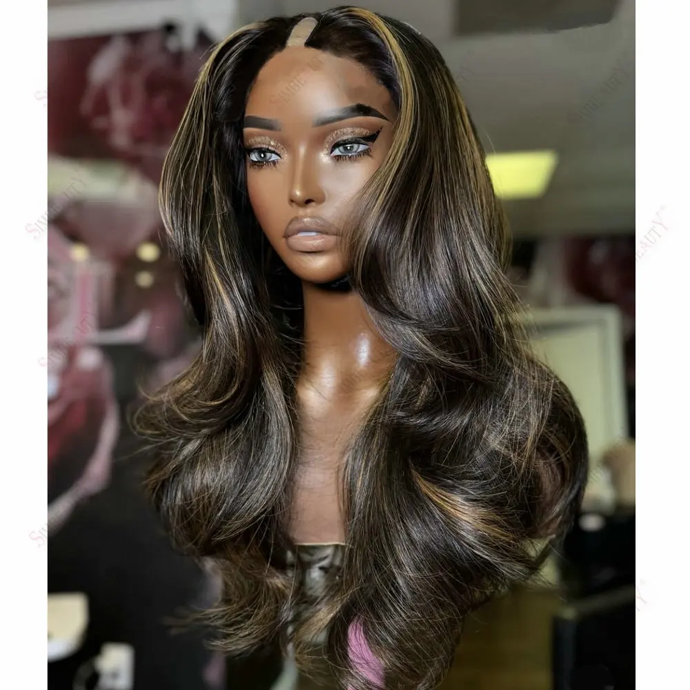 

100% Human Hair U Part Wig Honey Brown Hightlight Adjustable Body Wave1*4Size V Part Wig Peruvian Hair Easy Wear for Black Women