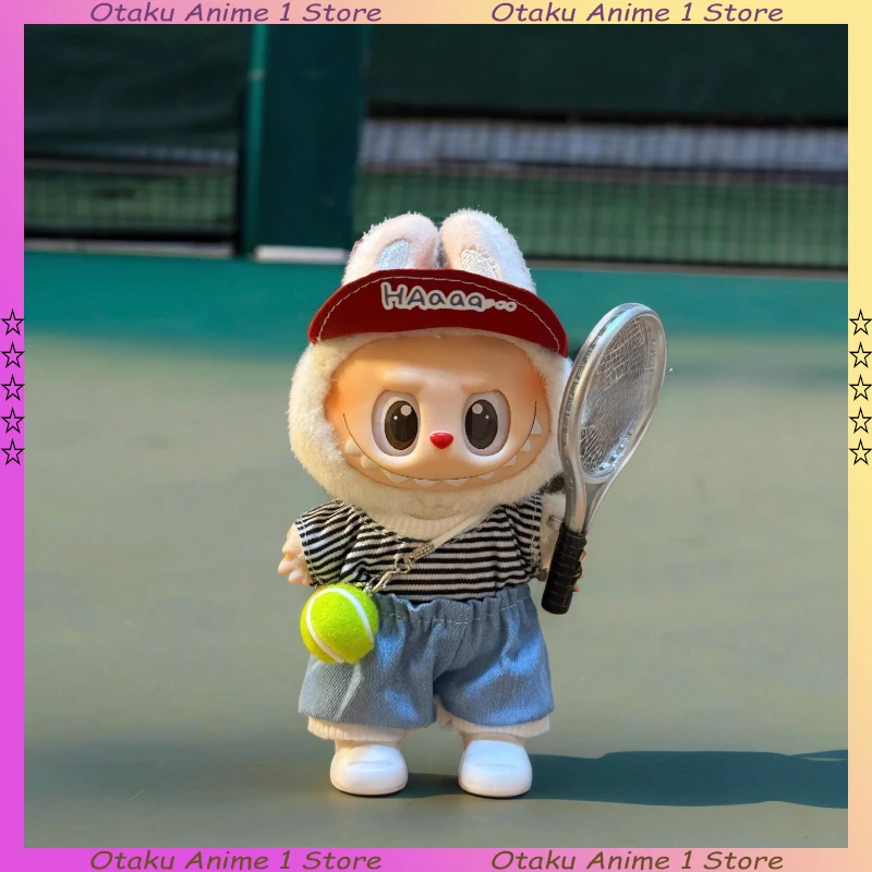 

New Labubu Tennis Jersey Set Summer Sportswear Mini Tennis Ball with Racket Mini Plush Doll Clothing Fashion Doll Accessories