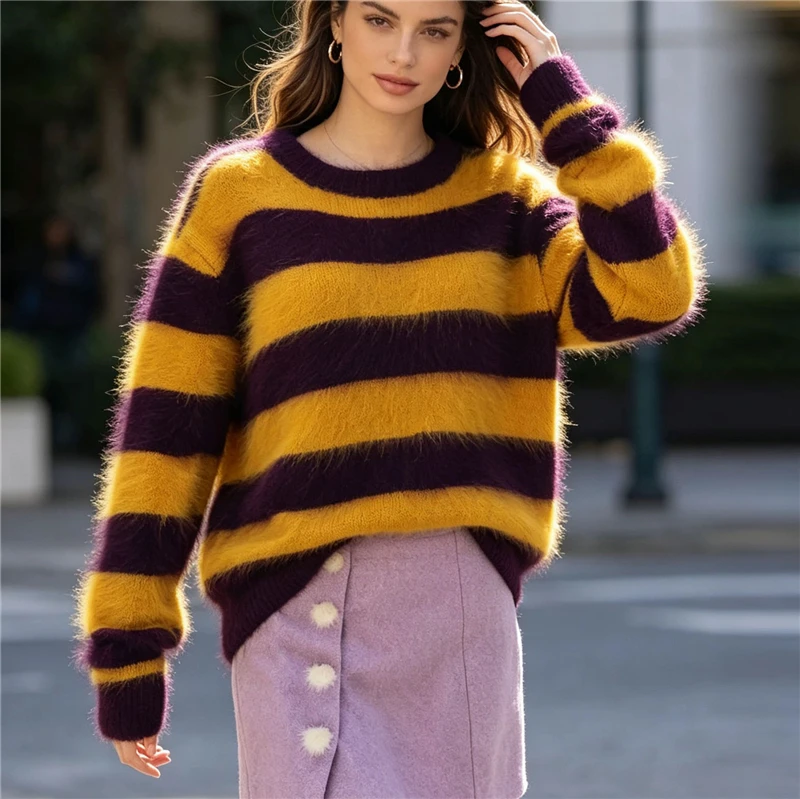 

Women Mujer Autumn Winter Fashion Striped Hairy Mink Cashmere Knitted O-Neck Lon Sleeves Loose Pullover Angora Sweater Jumper