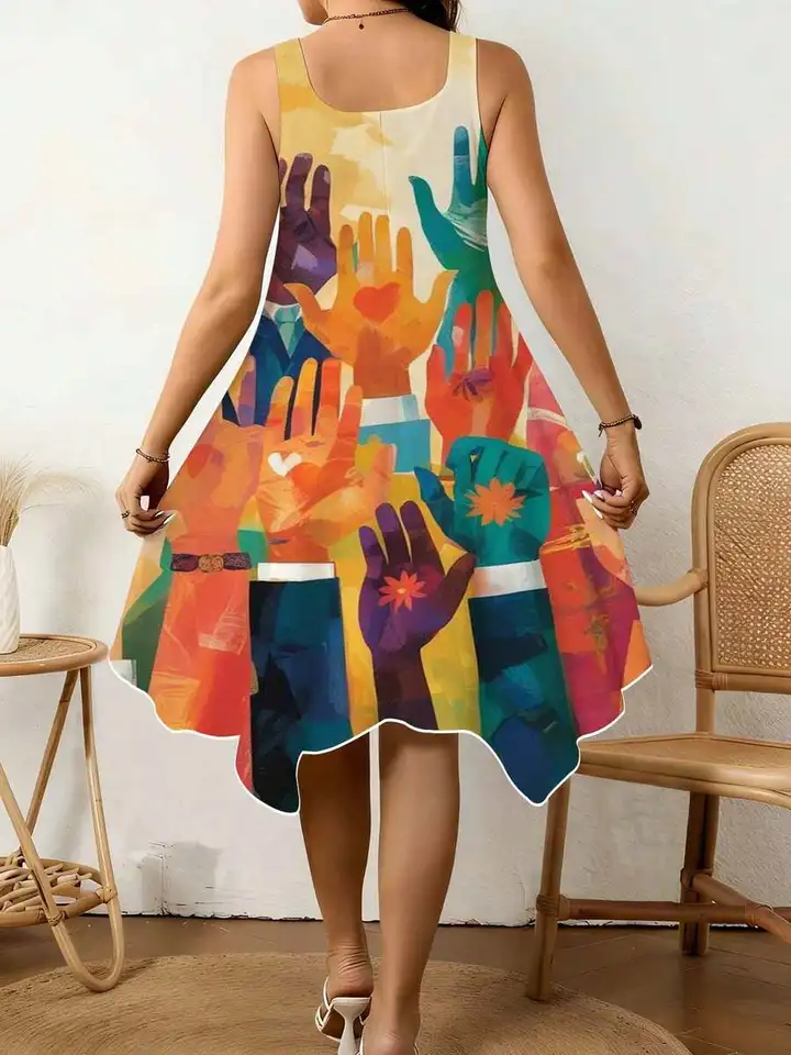 Colorful Hand Heart Print Summer Beach Dress