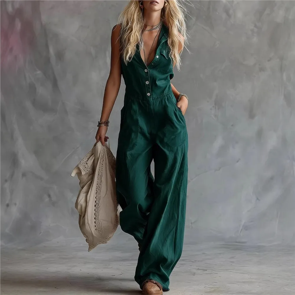 Fashionable Western Sleeveless Linen Jumpsuit Summer New Women's Casual Single Breasted Sexy V-neck Jumpsuit Комбинезон Женский