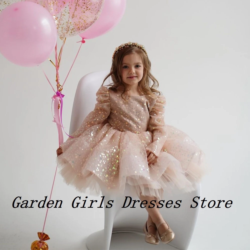 

Champagne Scoop Flower Girls Dresses with Sequined 2025 Summer A Line Full Sleeve Christmas Dresses for Princess فستان عيد المي