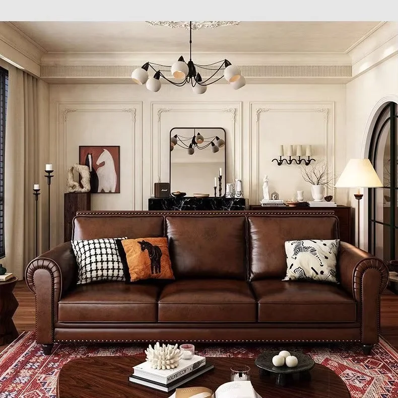 !@American-style Genuine Leather Sectional Sofa Set Square Design Oil Wax Full-Grain Cowhide Brown Vintage Style Living Room Leg