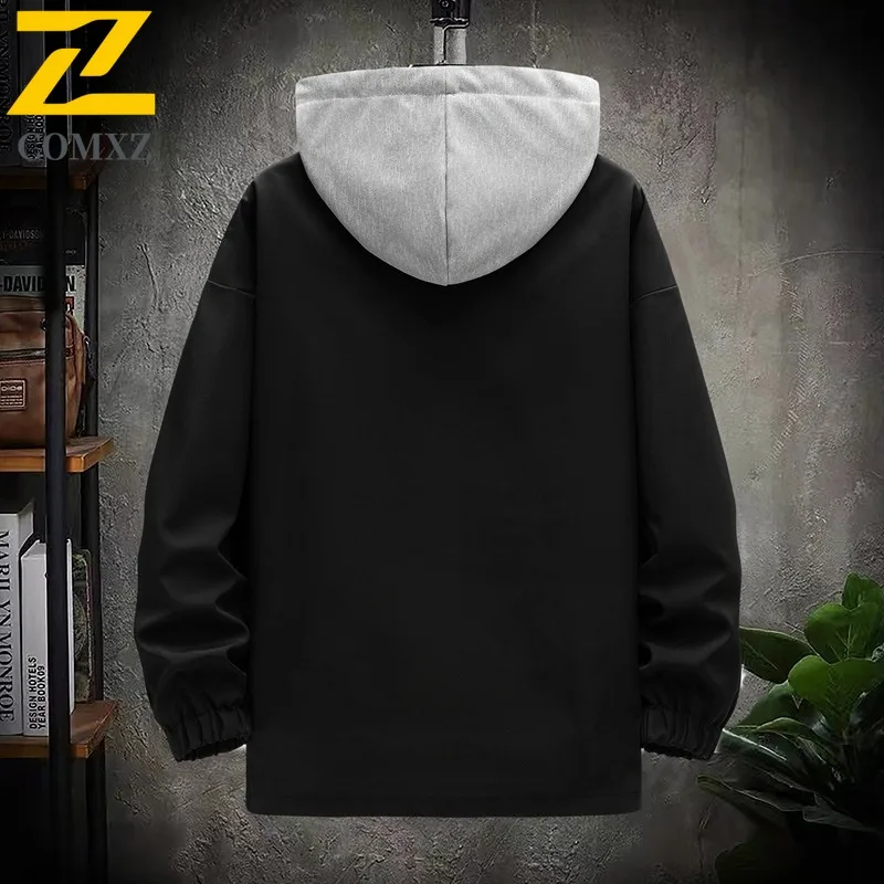 COMXZ 2025 Mens Korean Style Faux Two Piece Hooded Jacket Spring Autumn Breathable Versatile Trendy Casual Coat
