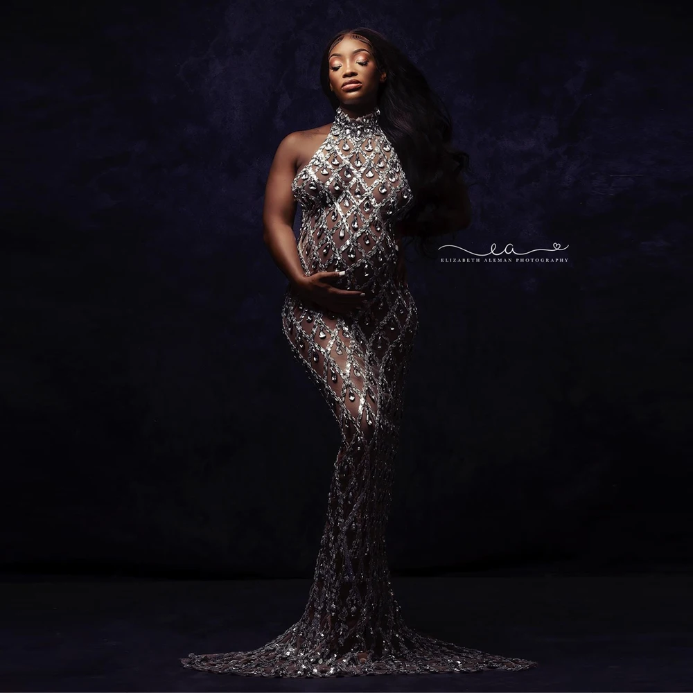 Maternity Photography Sexy Shiny Goddess Bodysuit Rhinestone Maternity Dress For Photo Shoot Plus Size Senior Pregnant