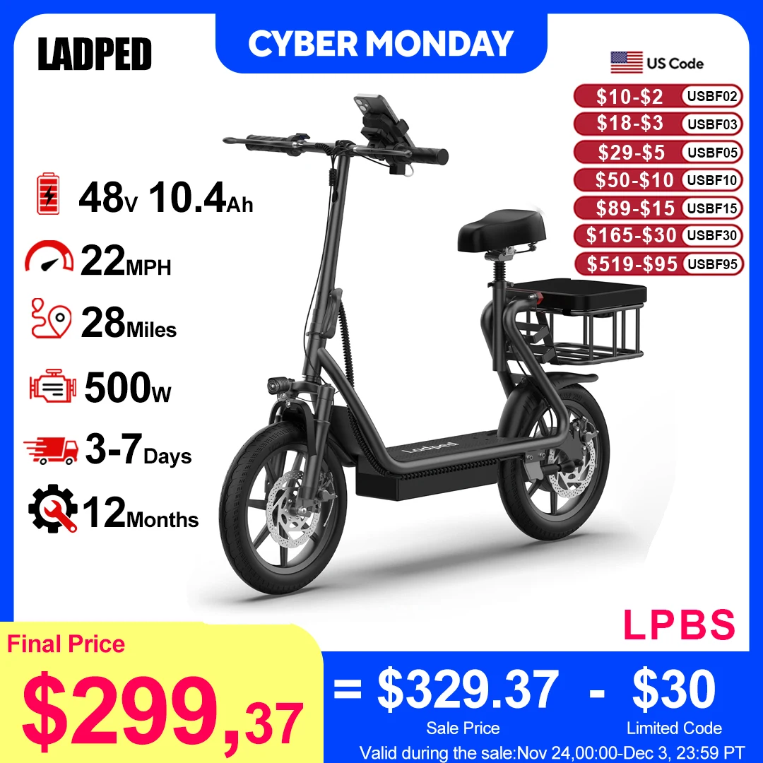 

LADPED 500W 14inch Electric Bicycle 10.4AH Battery 28Miles Max Range 21MPH Max Speed Shock Absorption Foldable Adult Ebike