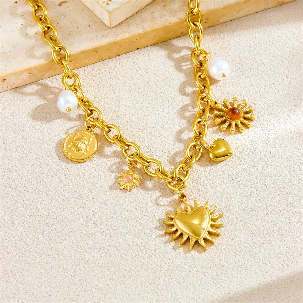 Edelstahl Goldene Sommer Sonne Herz Tropfen Halskette Für Frauen Dame Neue Trend Wasserdichte Hals Kette Schmuck Geschenk