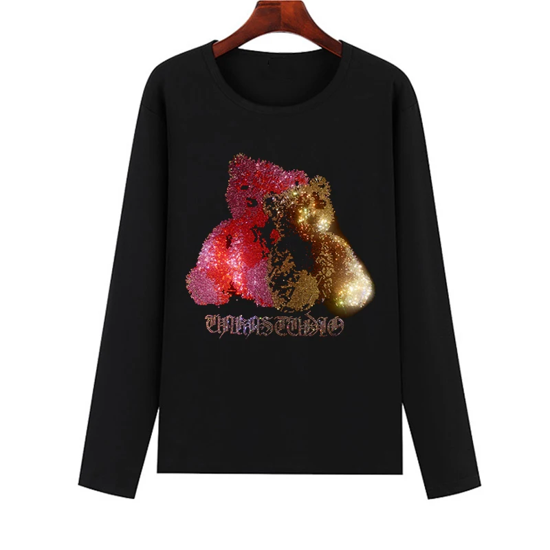 Hot sale two bear girls T-shirts spring and autumn season long-sleeved cotton T-shirts flash diamond cute bear T-shirts