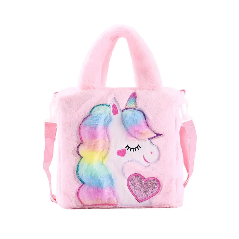 Bolso de hombro de felpa con dibujos animados para niños, bolso escolar de piel colorida, unicornio bordado, arcoíris, moda de alta calidad