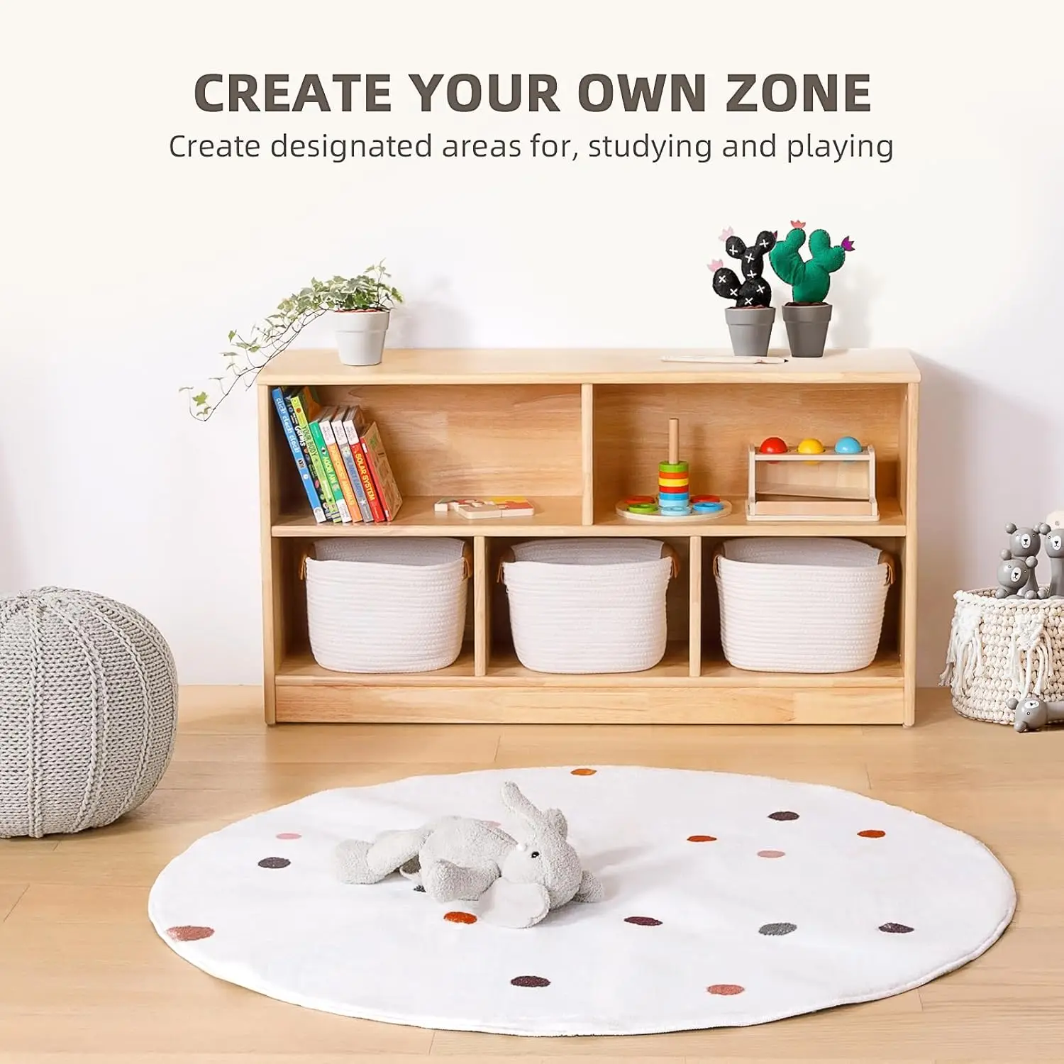 رف مونتيسوري من الخشب المطاطي مكون من 5 أقسام، 43.3 بوصة طولًا، منظمات وتخزين الألعاب من طبقتين، خزانة تخزين خشبية