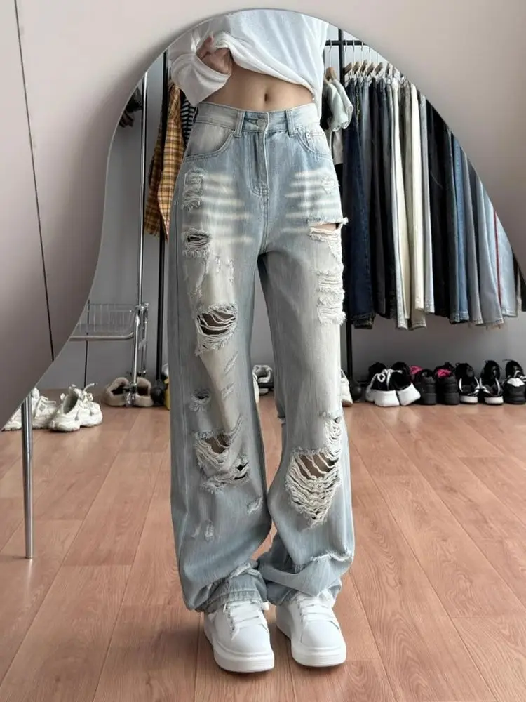 بنطلون جينز ممزق من American High Street Sle للرجال والنساء صيفي جديد فضفاض وواسع الساق للتخسيس طويل القامة بألوان فاتحة للأولاد... #2