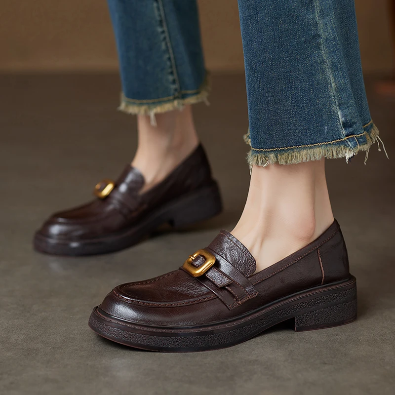 

Women Gold Buckle Loafers Sheepskin Handmade Round Toe Platform Shoes Slip On Woman Quality Loafers Spring Autumn Cozy Footwear