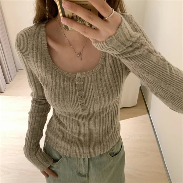 Korean Style Sweet And Spicy Girl Autumn Winter Knitted Long Sleeve Base Shirt Inner Wear T-Shirt Short Top for Small Figures
