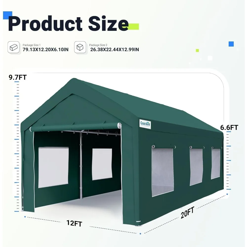 Cochera de 12'x20' con ventanas ventiladas enrolladas, puerto de coche antitanave, dosel de coche resistente, dosel de transporte RV, garaje portátil