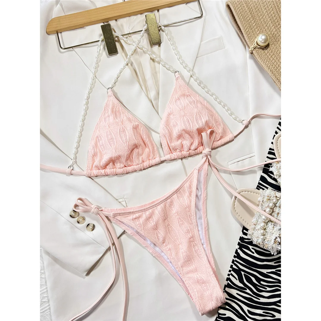 Gefalteter Perlen-Neckholder-Bikini, Damen-Badeanzug, zweiteiliges Bikini-Set, Badeanzug mit gekreuztem Rücken, Badebekleidung, Schwimmanzug V4272 – Detail 8