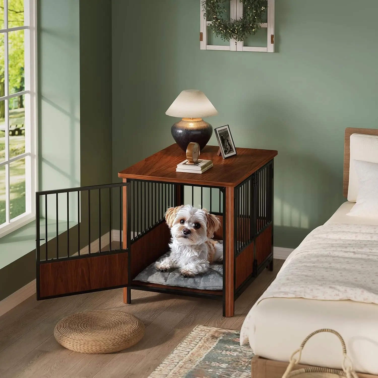 أثاث على شكل صندوق كلب مخدد مقاس 32 بوصة مع 3 أبواب، طاولة نهاية صندوق كلب مزخرفة داخلية حديثة، قفص بيت كلب خشبي للأطفال الصغار
