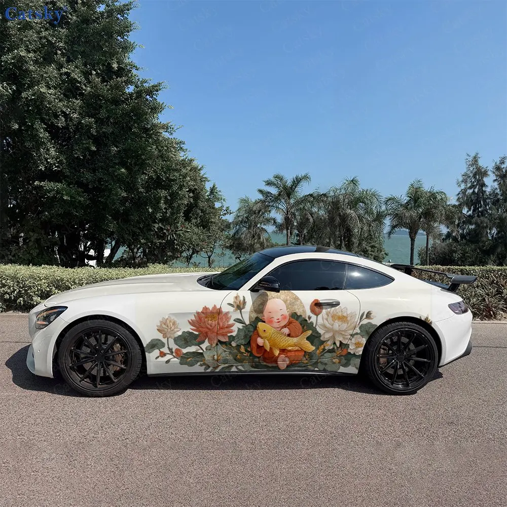 2pcs Lucky Kid & Koi Painting, Durable, Fade-resistant, Enhance Vehicle Aesthetics With Bold Artistic Design Car Vinyl Wraps