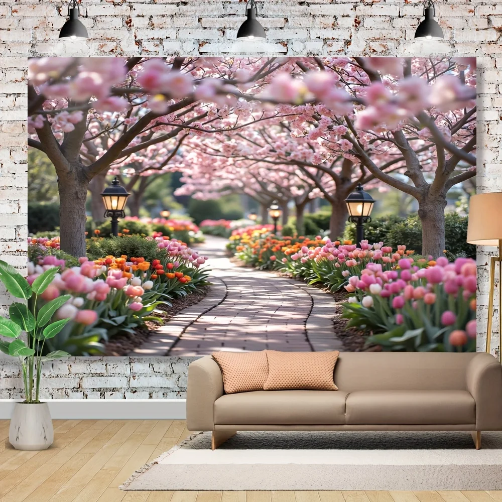 

1pc Spring Blossom Tapestry - Polyester Cherry Blossoms & Tulips Wall Hanging, No Power Needed, Versatile Garden & Yard Decor
