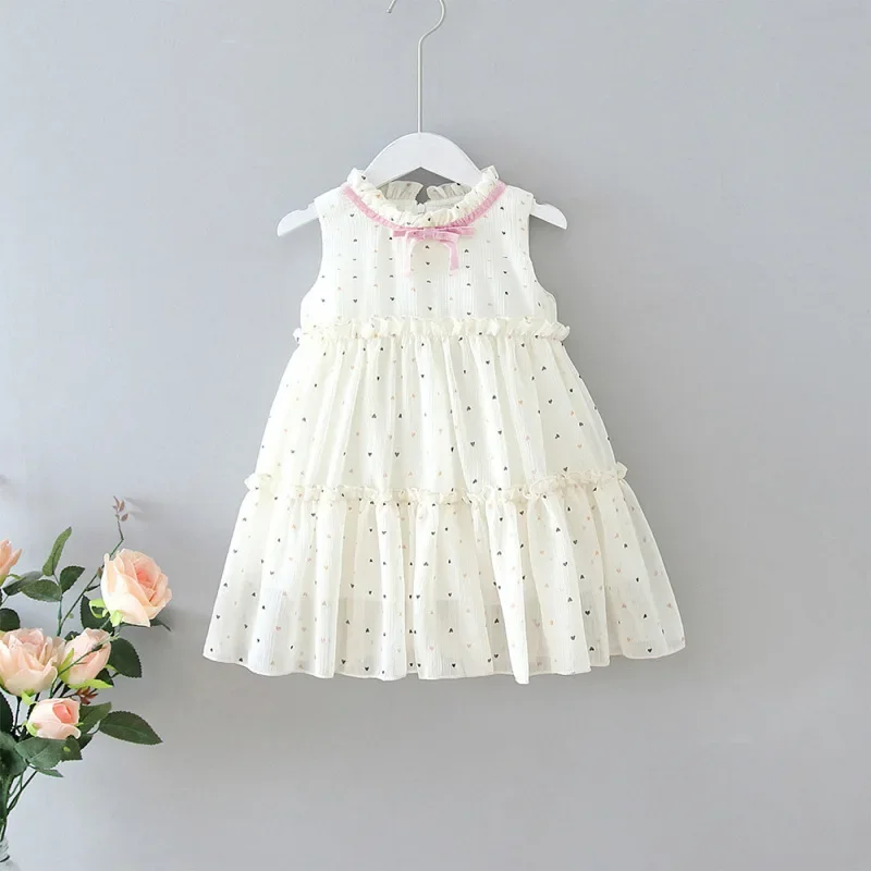 Girls Spliced Lace Crew Neck Color Bow Sleeveless Elegant Screw Thread Loose Casual Zipper Lovely Dress 2025 Summer New Sweet