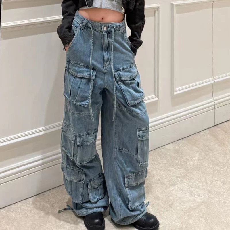 

Women's multi-pocket tie-up workwear washed denim pants, fashionable high-street wide-leg pants, high-quality long pants