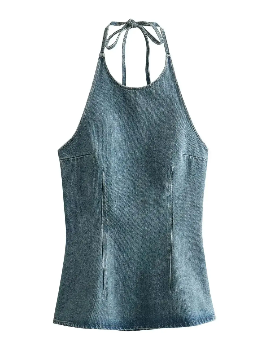 XNWMNZ Women\'s Fashion Halter Neck Tie Denim Top Women High Street Sleeveless Backless Versatile Female Top