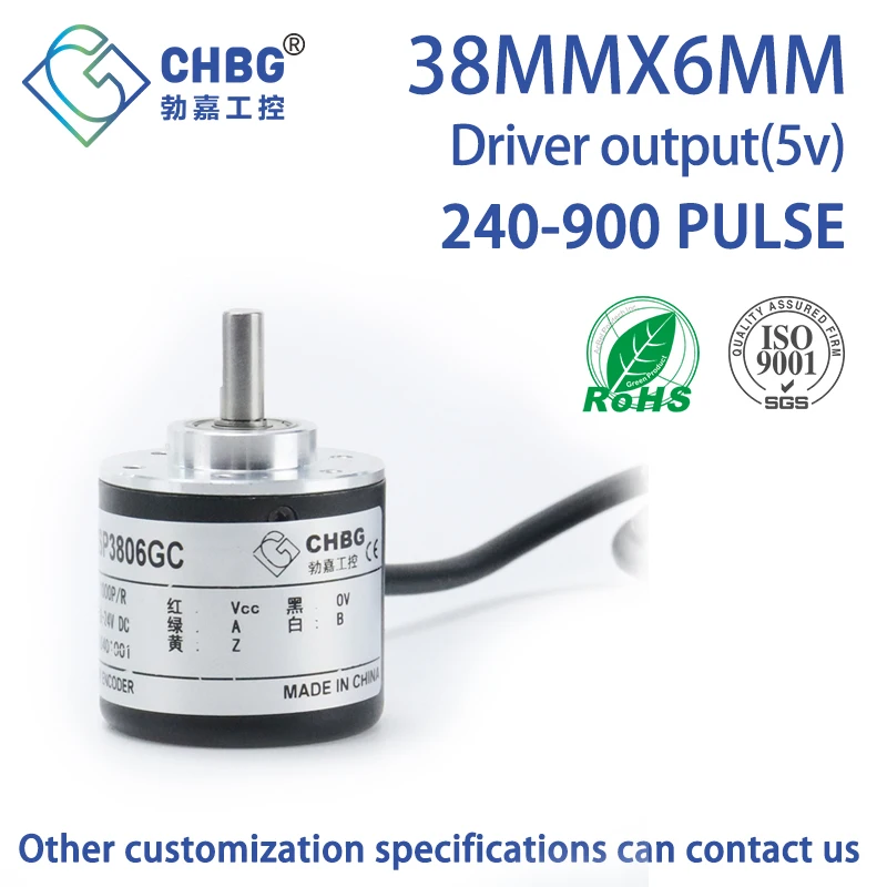 

CHBG 38mm incremental photoelectric encoder 240/250/256/300/360/400/500/512/600/720/800/900ppr rotary encoder Driver output 5v