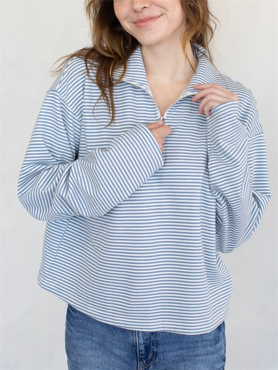 Women's Lapel Collar Tops Casual Striped Print Long Sleeve Quarter Zipper Loose Fit T-Shirts Casual Pullover Tops Streetwear