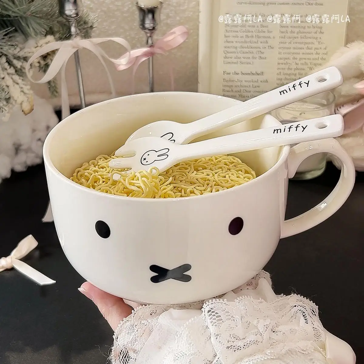 Nijntje Konijn Cartoon Instant Noedels Kom Grote Capaciteit Enkele Oor Cover Kom Gemakkelijk schoon te maken Keramische Rijstkom Verjaardagscadeau