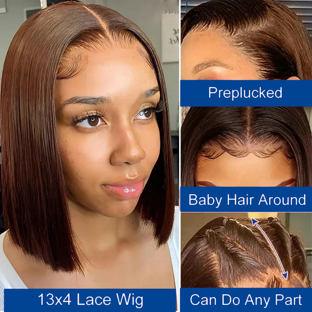 13x4 Short Bob Wigs Human Hair Straight Transparent Lace Front Human Hair Wig Deep Wave Brazilian Hair Color 4# Chocolate Brown