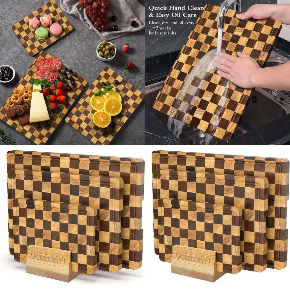

Anti-Slip Walnut and Rubber Wood Cutting Board Set, Chessboard Design for Chopping Vegetables, Fruits, and Meat