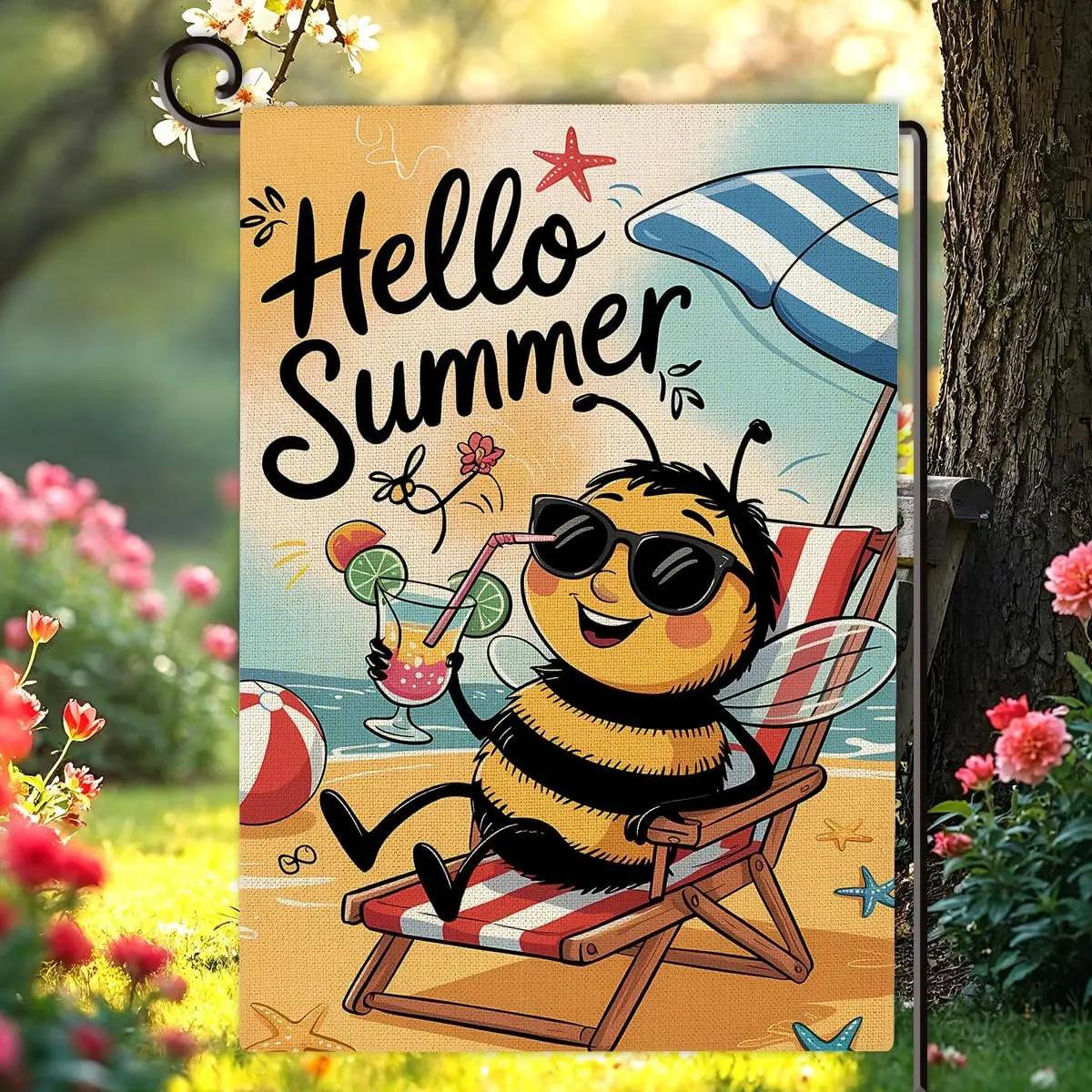 Hello Summer Beach Garden Flag Double Sided Summer Bee Burlap House Flag Outdoor Seasonal Decorations for Yard Porch Patio 1 yyi