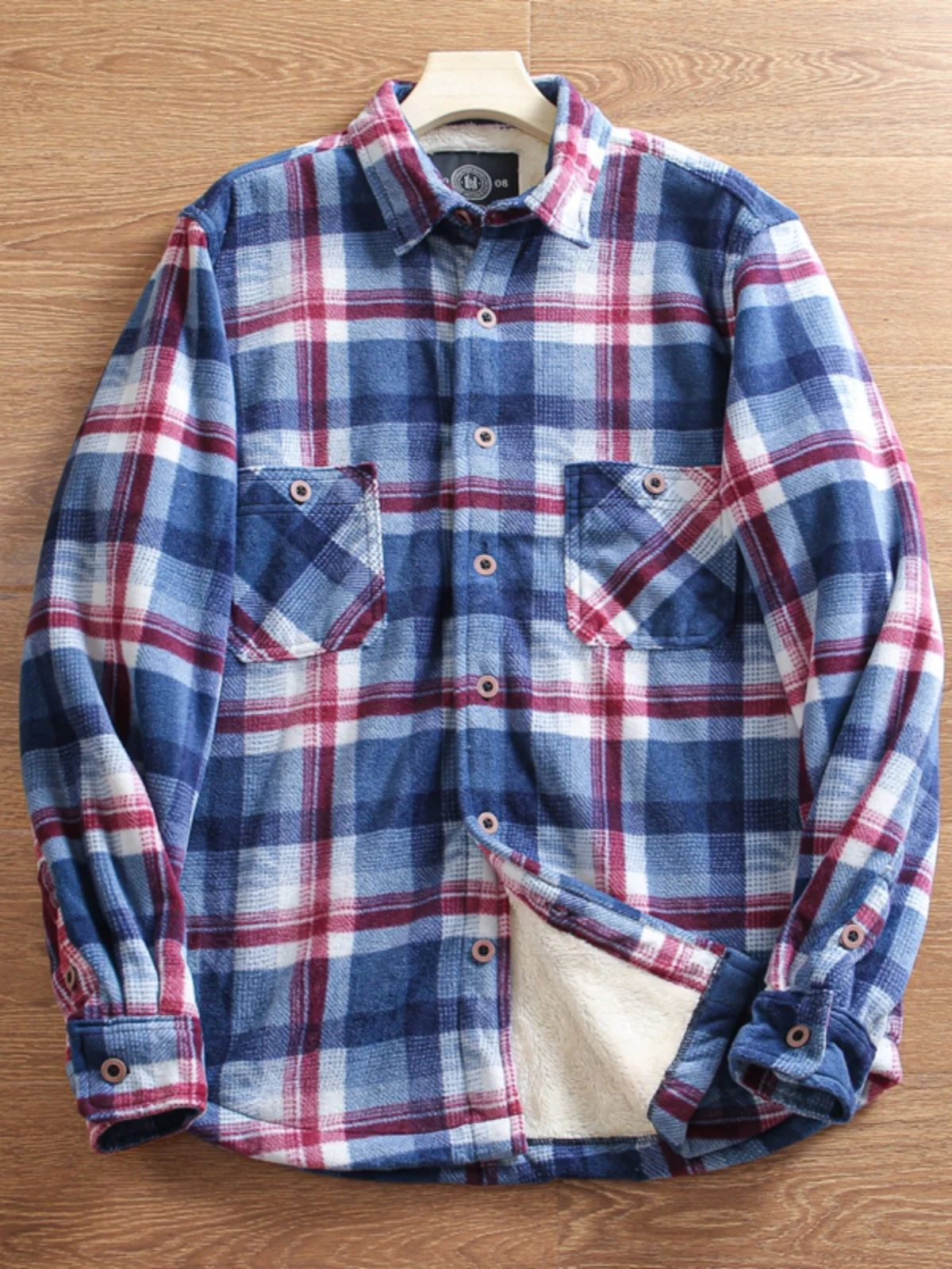 Thiened Fce Waed Brued Warm American Retro Plaid irt Coat for Men Winter Stand Fit Long Sve Faion Urban Sle