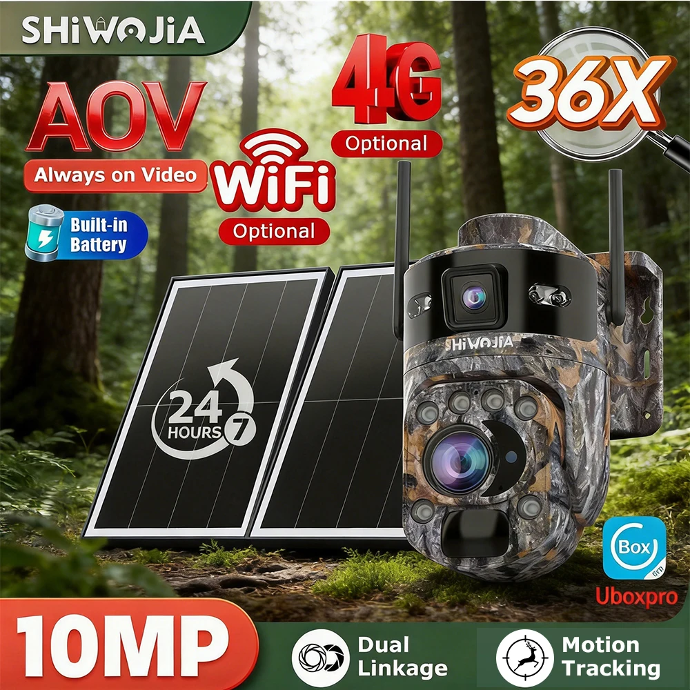 

SHIWOJIA 36X Zoom 4G Solar Security Camera AOV 24/7 Video Recording 10MP Dual-Lens Outdoor WiFi Solar Battery Camera PIR CCTV