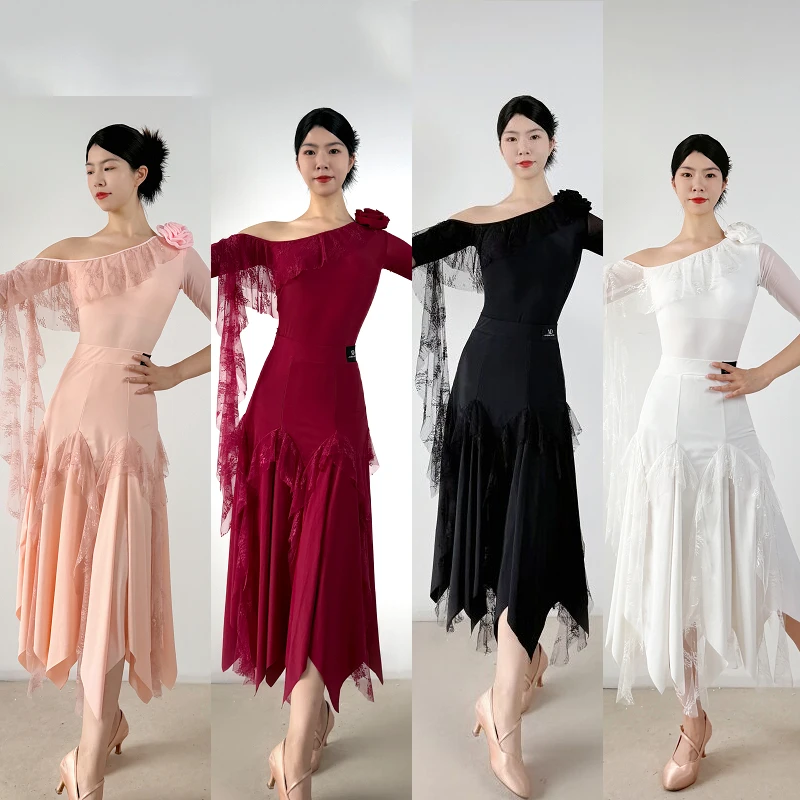 

Ballroom Dance Clothes Women Lace Ribbons Tops Long Skirt Adult Waltz Tango Dance Practice Wear Performance Dresses Black Red