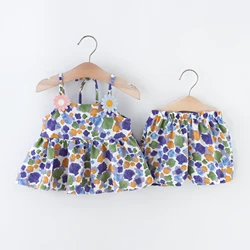 Summer 2-piece/set baby girl suspender set baby girl cartoon colored shell print daisy suspender shorts children's clothing