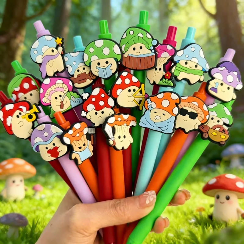 5/15/25pcs Creative and Simple Mushroom-Shaped Theme Retractable Ballpoint Pens, Campus Design Mushroom Series