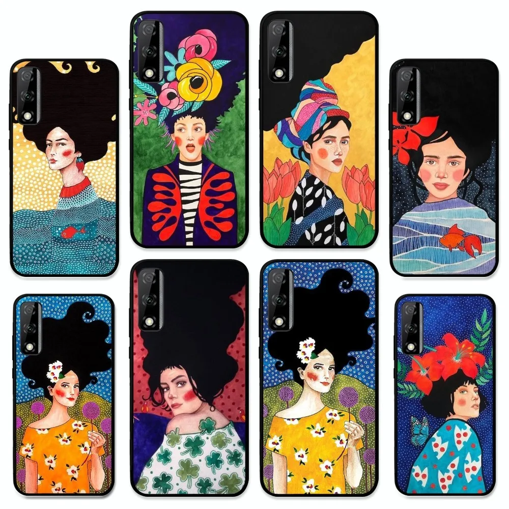 Abstract Flowers Girl Hair Phone Case For Huawei Y9 6 7 5 Prime Enjoy 7s 7 8 plus 7a 9e 9plus 8E Lite Psmart Shell