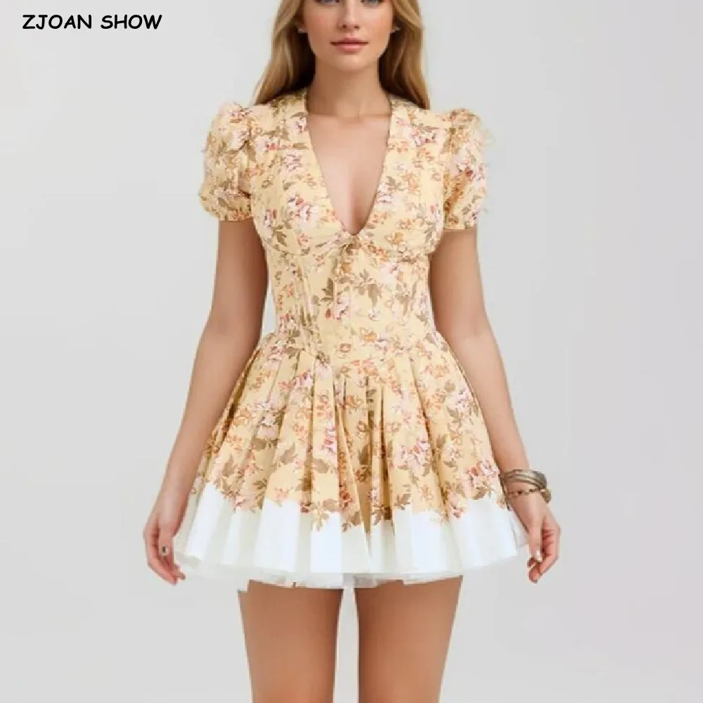 2024 Sexy Flower Print V Collar Corset Style Mini Dress Short Puff Sleeve Women Low Waist Ruched Pleated Contrast Color Hem Robe