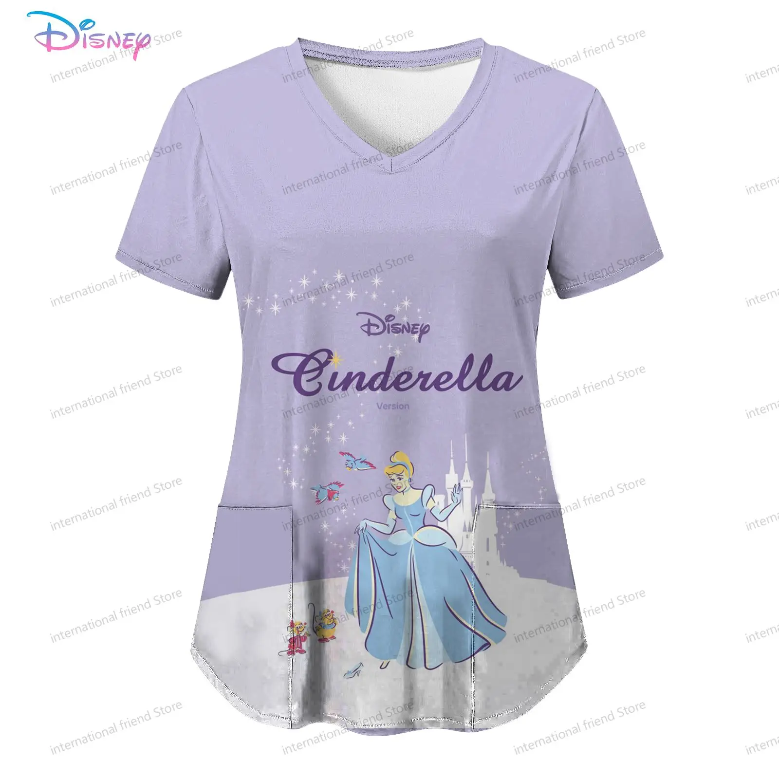 Disney Princess Damska koszulka pielęgniarki z dekoltem w szpic Letnia nowa sukienka Odzież damska 2024 Tanie topy Y2k S-2XL Kawaii Tops