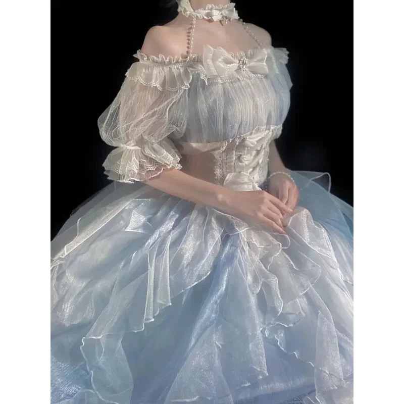 كذبة حوريات البحر لوليتا تي شيرت ملابس على الطراز الغربي فستان أنيق أزرق للحفلات المسائية فستان الأميرة الجنية الفاخرة