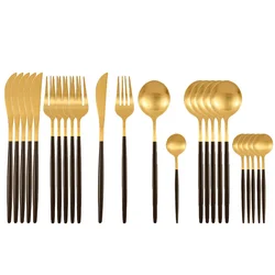 Cubiertos de Acero Inoxidable 18/10 para la Mesa, 24 Unidades, Cuchara, Tenedor y Cuchillo, Suministros de Vajilla Occidental, Color Negro y Dorado