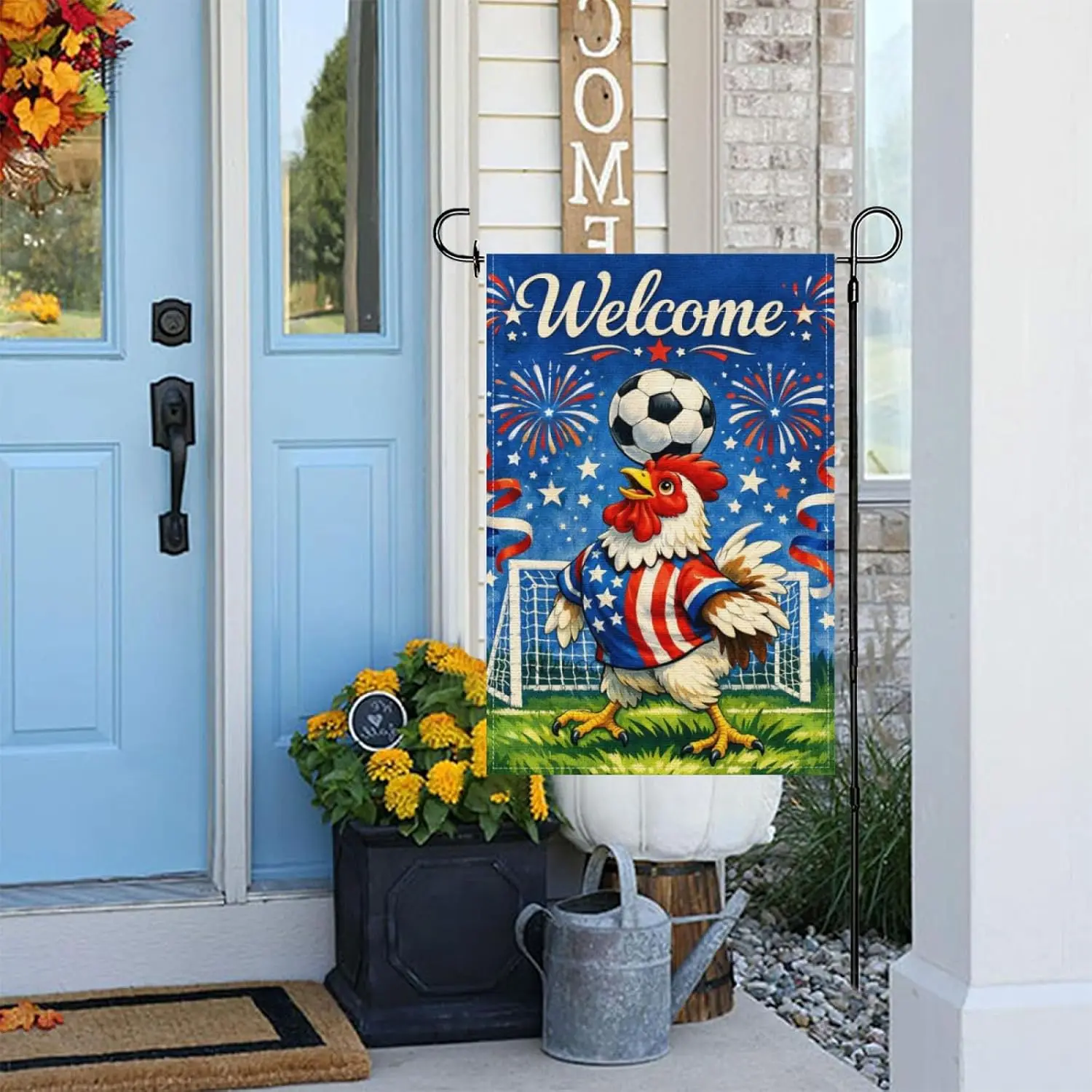Welcome Funny Chicken Garden Flag 12x18Inch,Boho American Red White Blue Outdoor Yard Decor,Soccer Animal Festive Stars Stri jjp