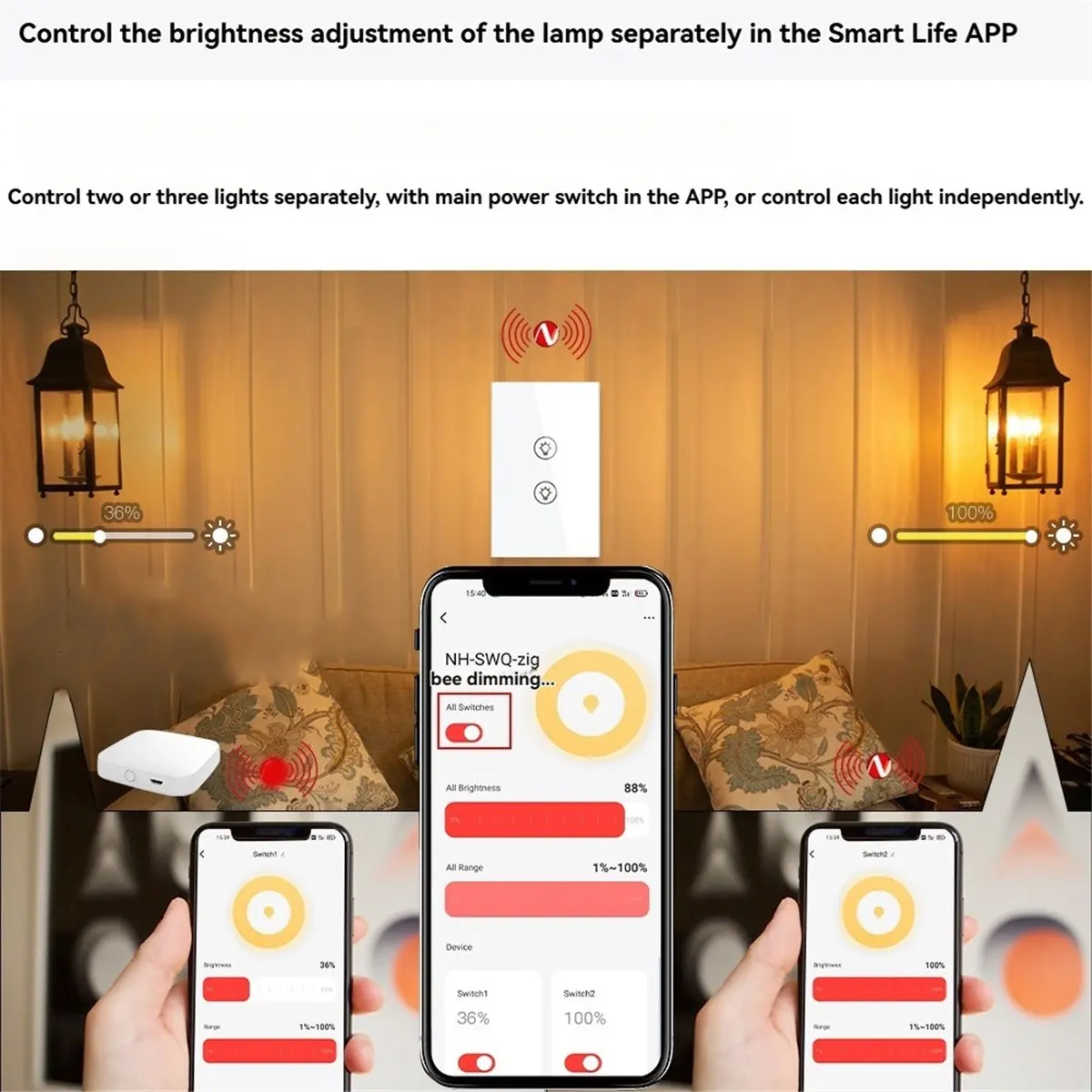 Tuya Smart ZigBee Multi-Gang Light Dimmer Switch Control Smart Tuya APP Control Works with Home 3 Way US Plug