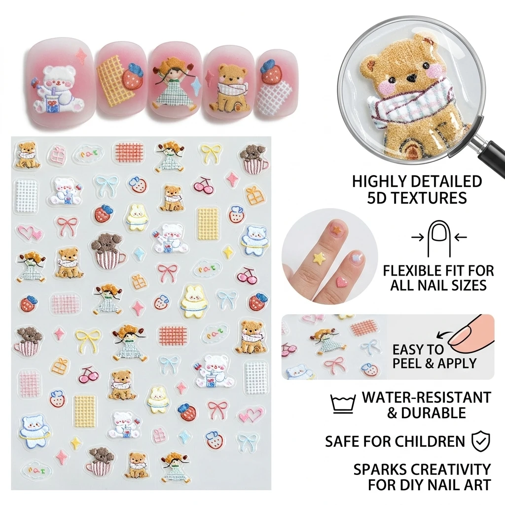 Sweet Cartoon 5D Nail Art Stickers Korean Lovely Bear Bowknot Strawberry Self Adhesive Nail Decals Manicure Decorations