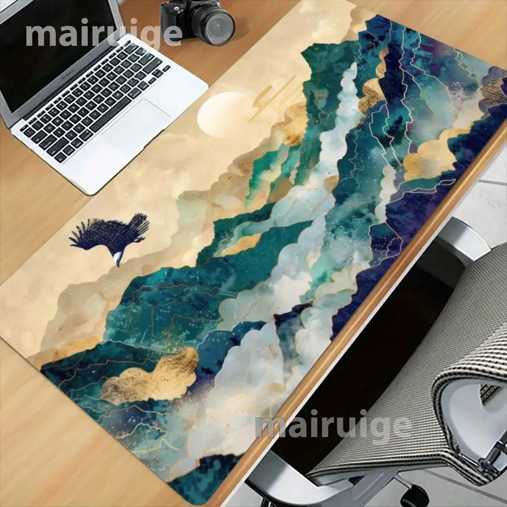 Golden Full Moon Eagle Flying Over Chinese Ink Mountain Playmat Designed For Student Laptop Bedroom Learning Mat