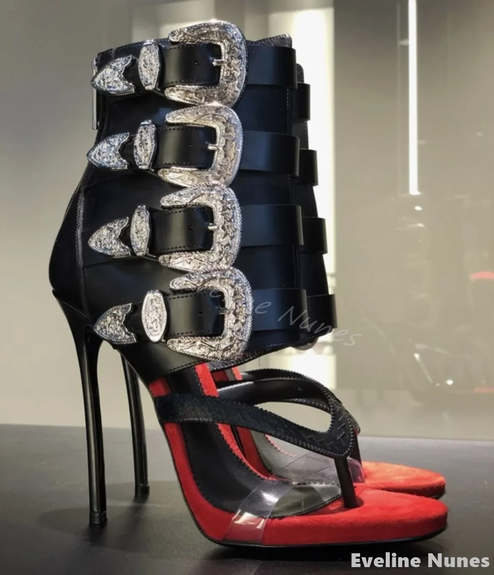 Flip-flop Contrast Color Sandals Women Open Toe Belt Buckle Back Zipper Catwalk Mid Calf Sandals New Fashion Designer Sandals